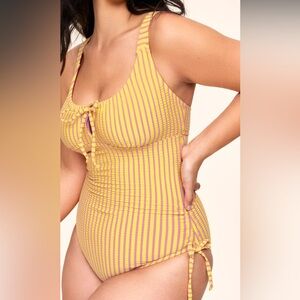 ⬇️AdoreMe Yellow and Pink Striped One Piece Swimsuit
